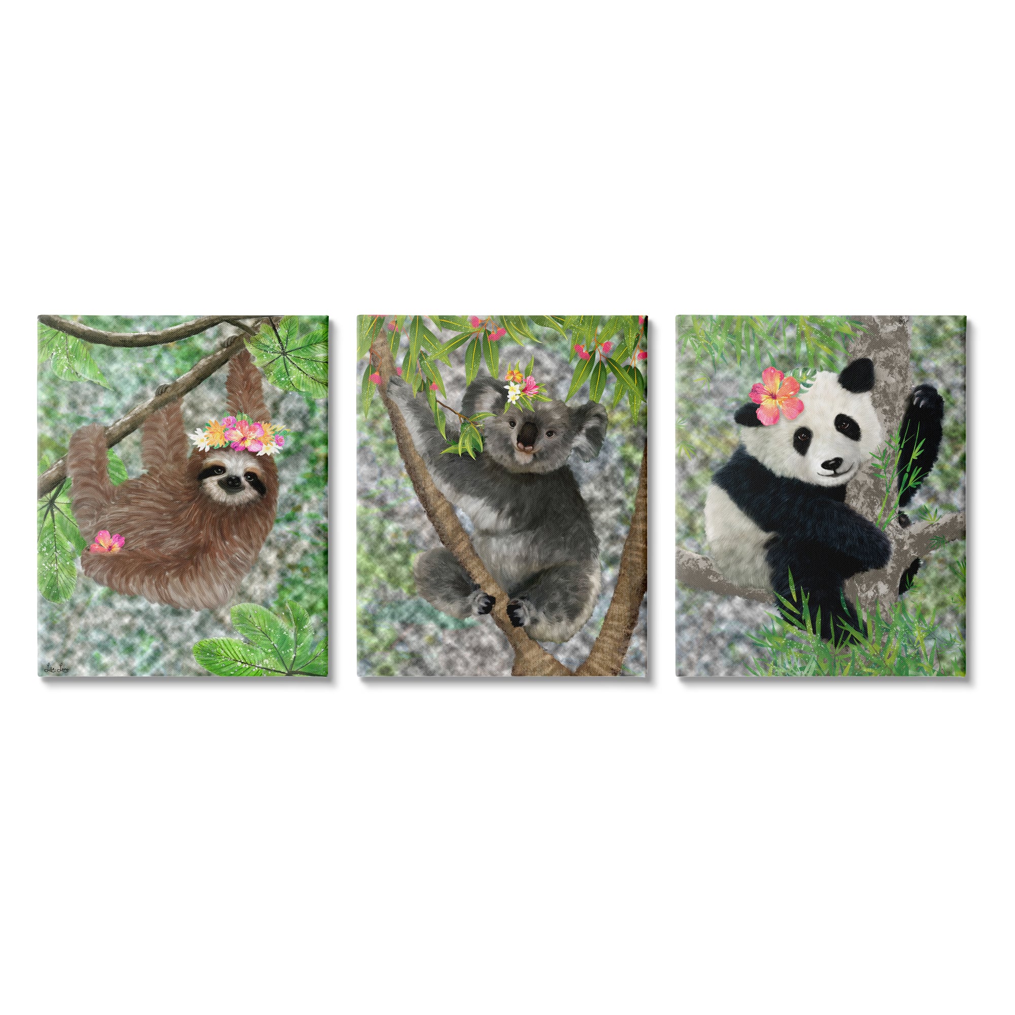 Stupell Industries Tropical Hibiscus Flower Jungle Animals Koala Panda Sloth Canvas Wall Art